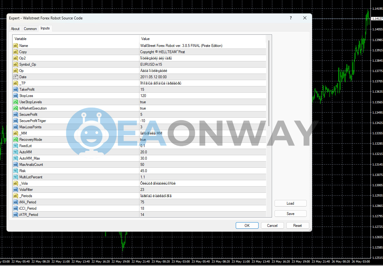 WallStreet Forex Robot EA MT4 Inputs 1